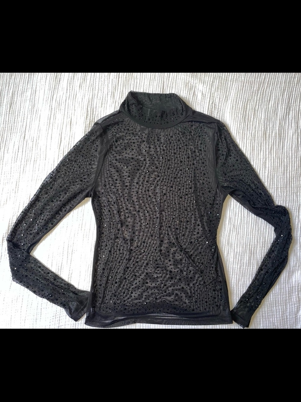Black Rhinestone Mesh Turtleneck Long-Sleeve Top